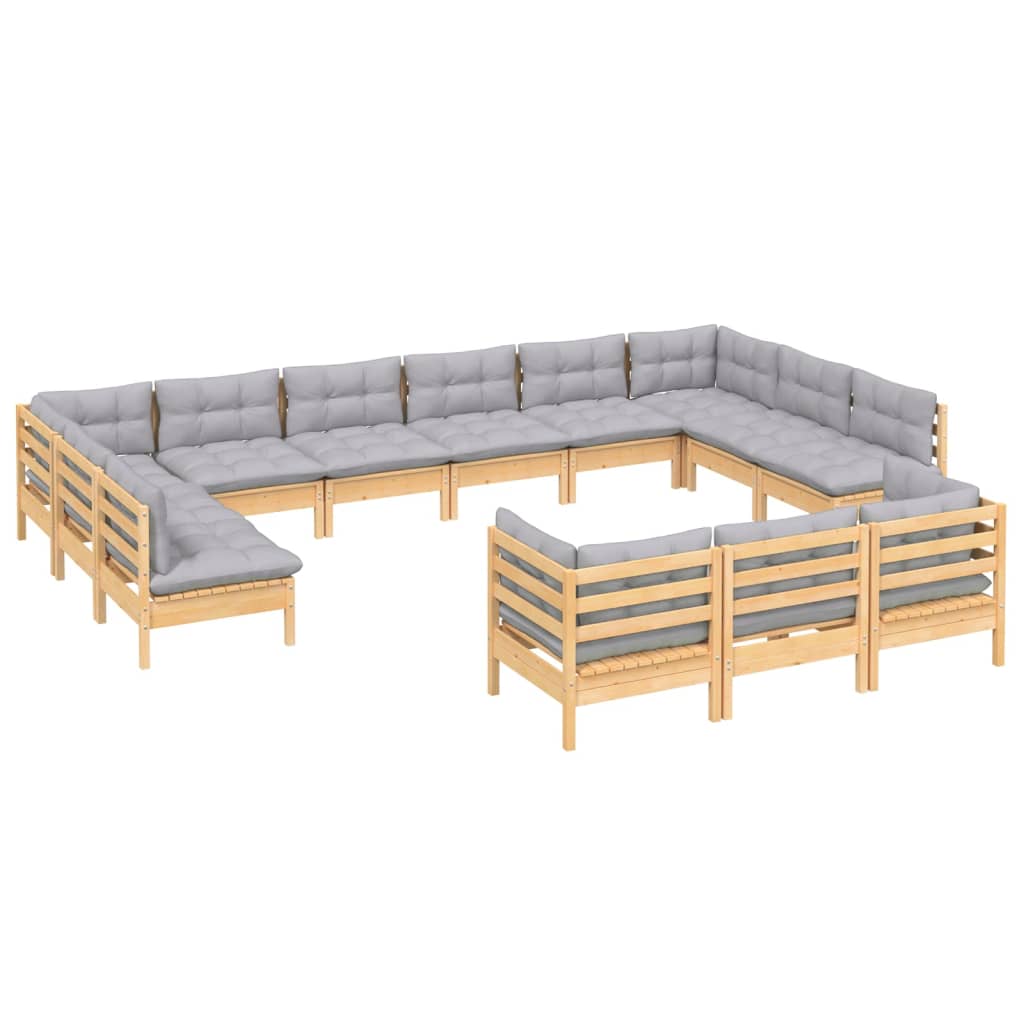 13 Pcs conjunto lounge de jardim c/ almofadões cinza pinho