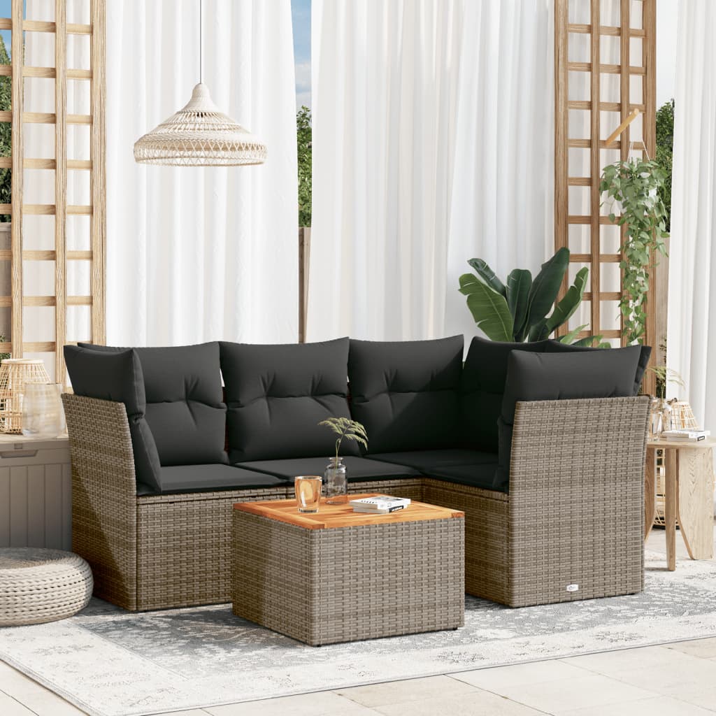 5 Pcs conjunto sofás de jardim c/ almofadões vime PE cinzento