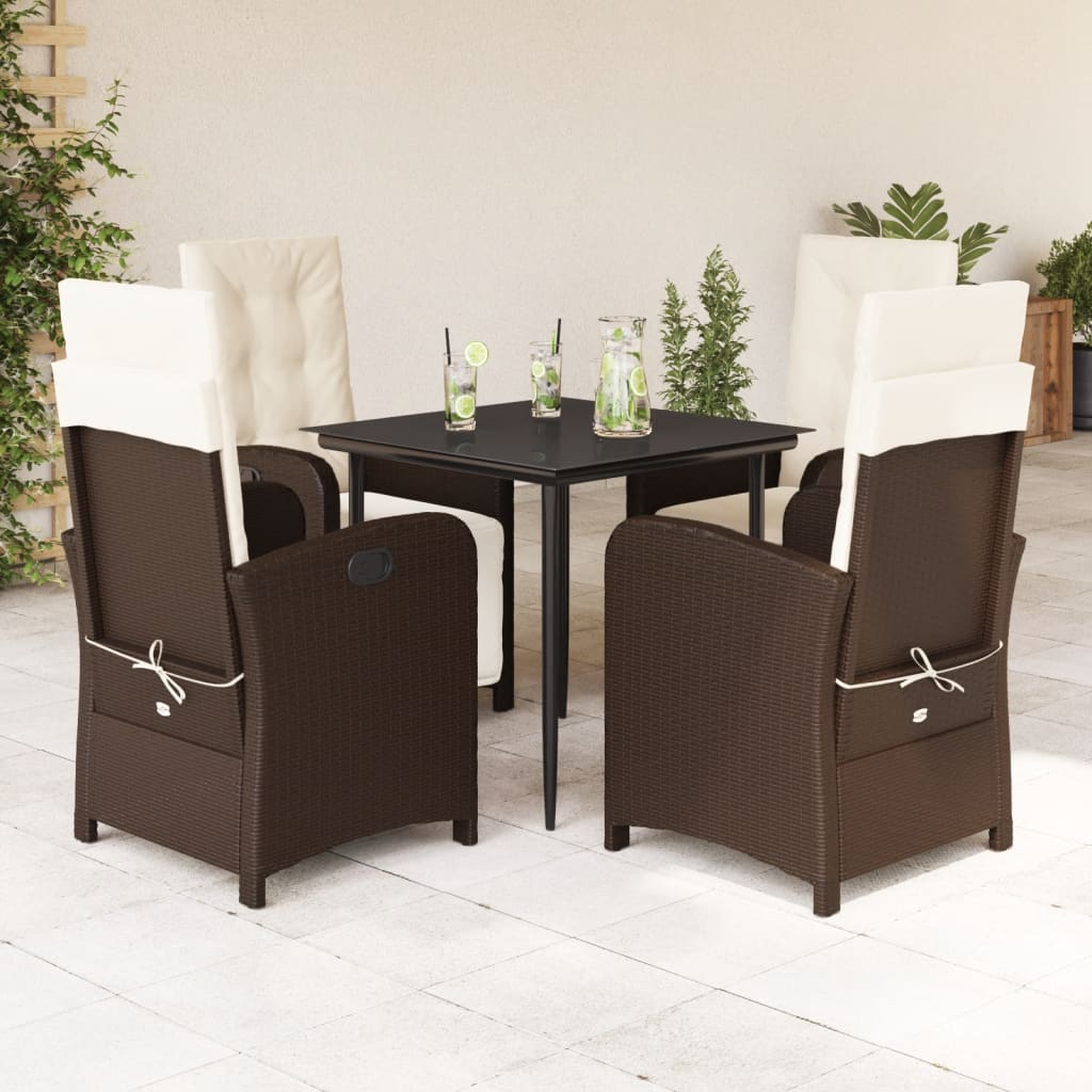 5 Pcs conjunto jantar p/ jardim c/ almofadões vime PE castanho