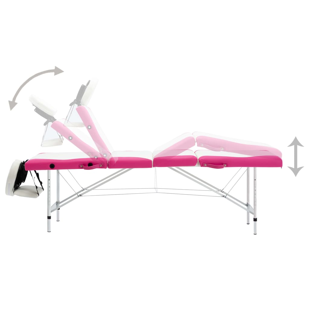 Mesa de massagem dobrável 4 zonas alumínio branco e rosa