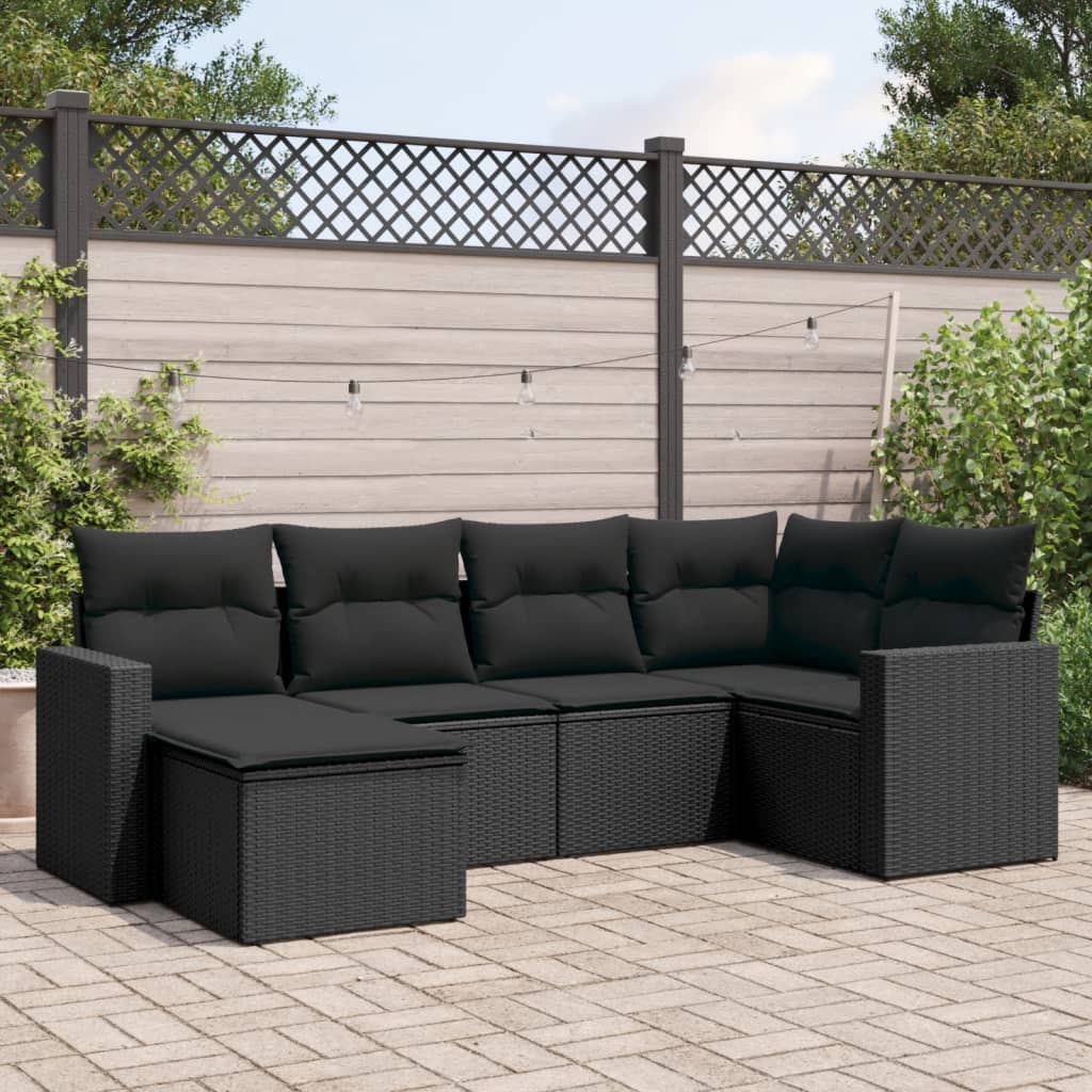 6 Pcs conjunto sofás de jardim c/ almofadões vime PE preto
