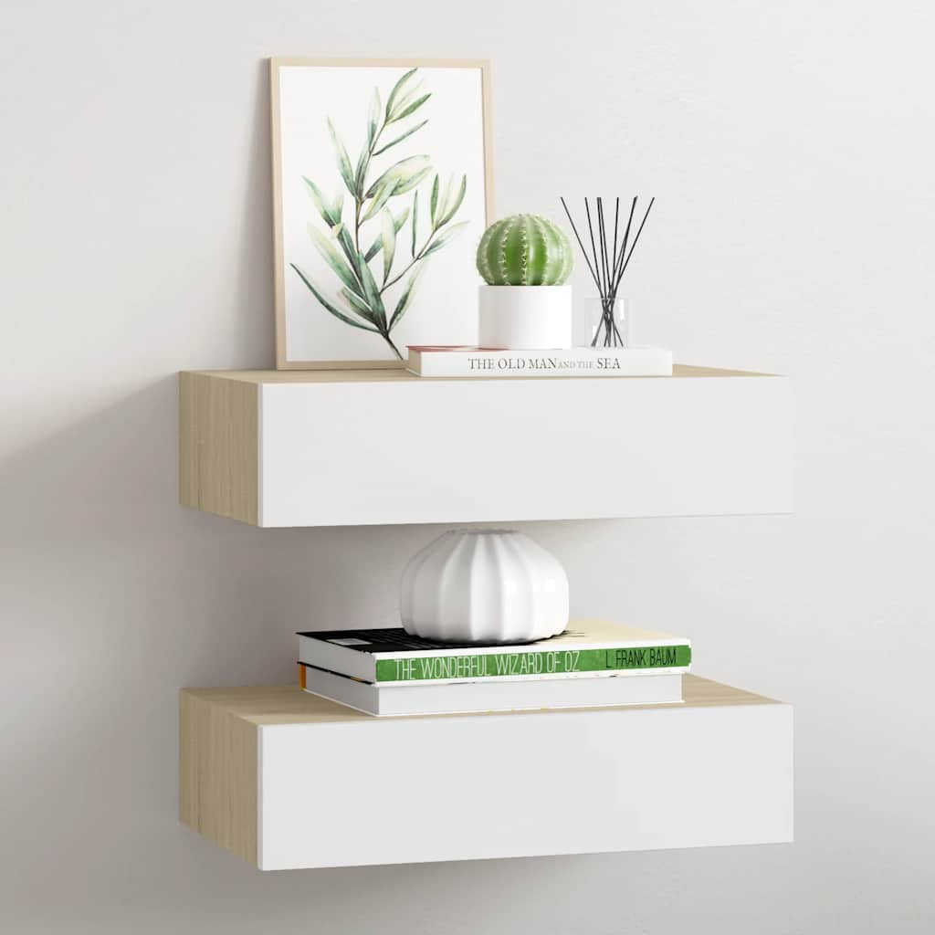 Prateleiras parede + gavetas 2pcs MDF 40x23,5x10cm carv./branco
