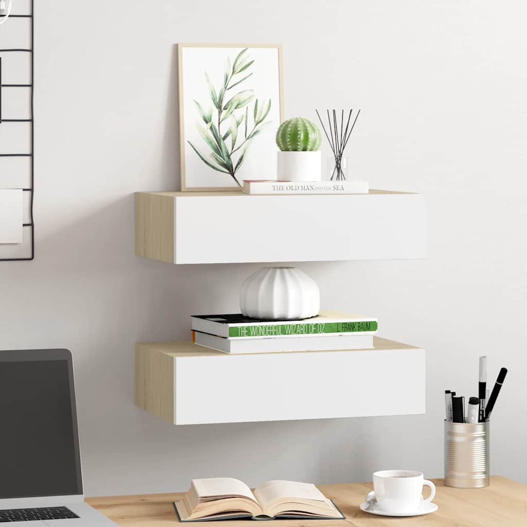 Prateleiras parede + gavetas 2pcs MDF 40x23,5x10cm carv./branco