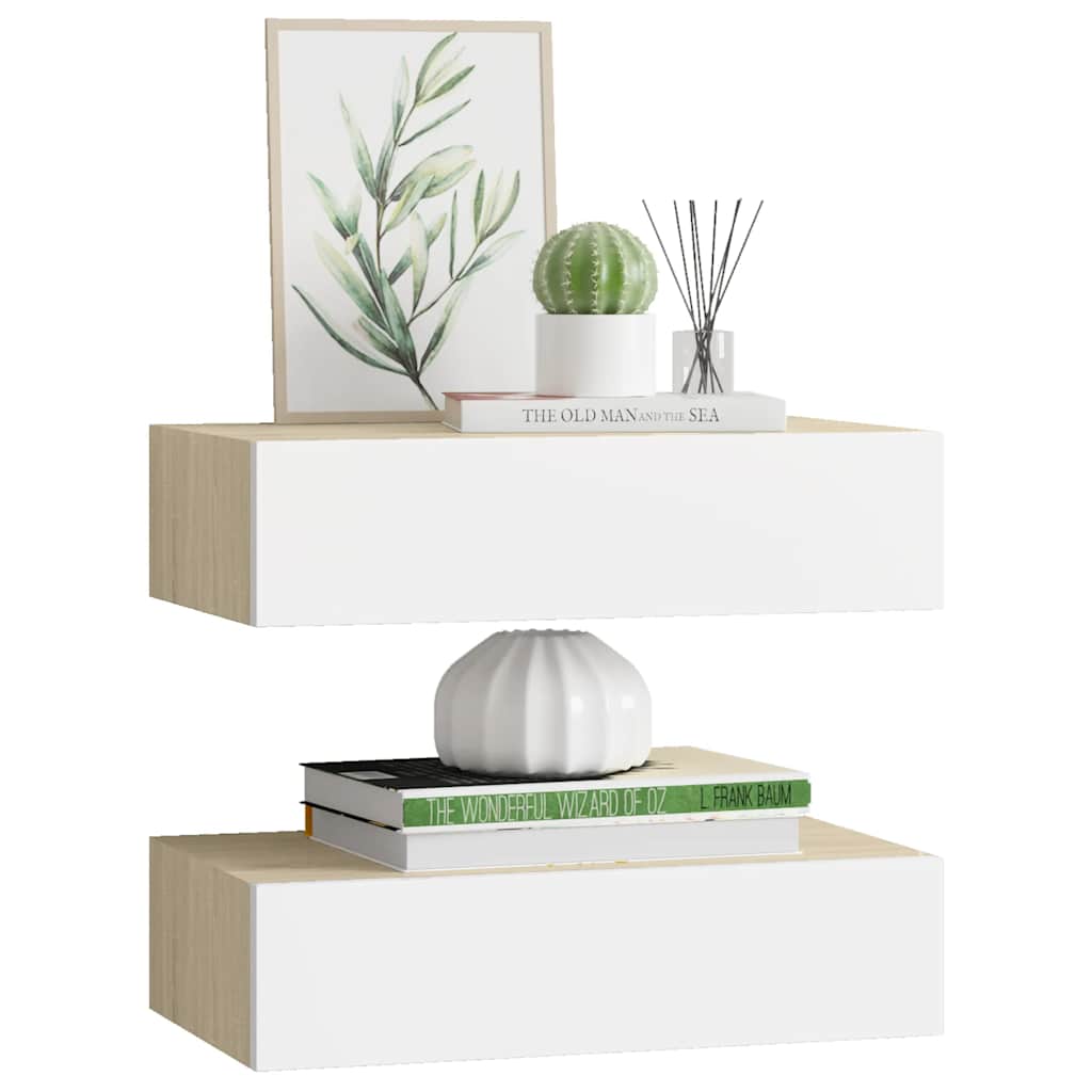 Prateleiras parede + gavetas 2pcs MDF 40x23,5x10cm carv./branco