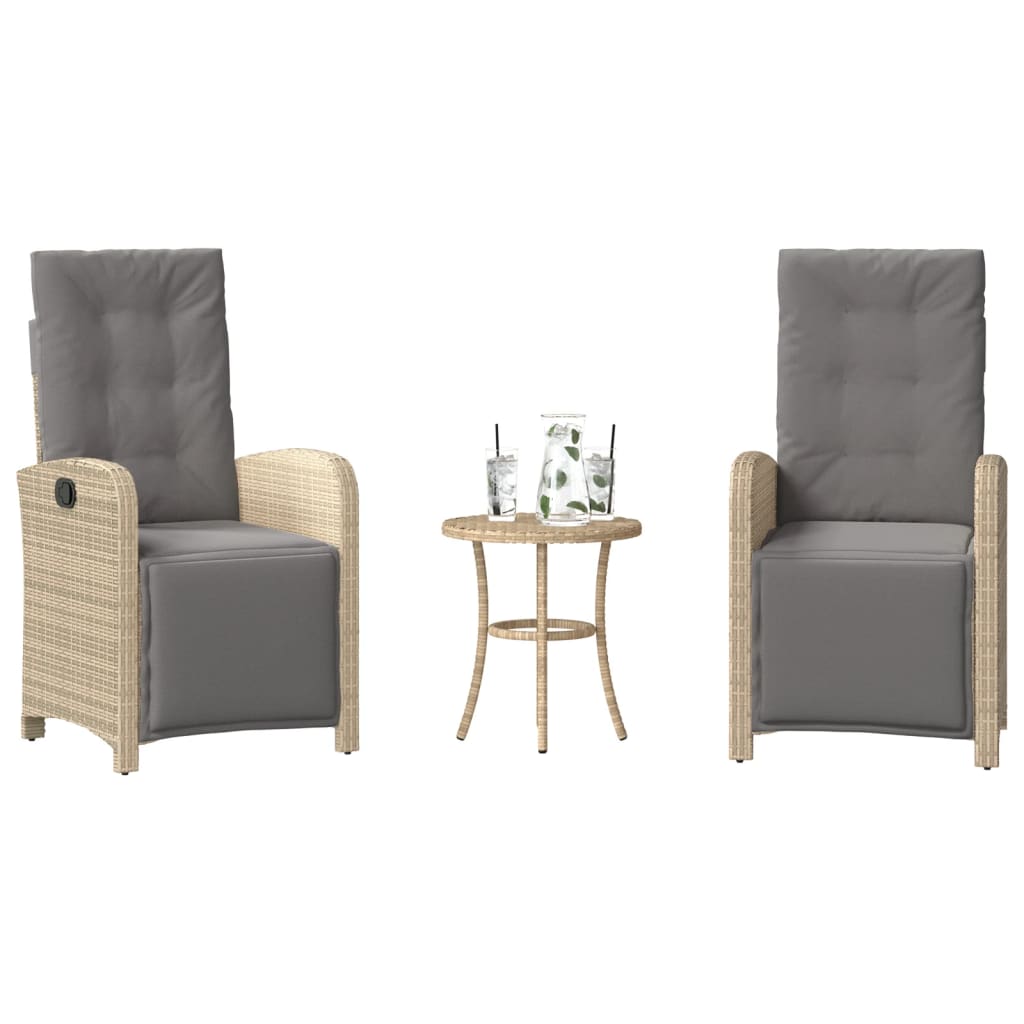 3 Pcs conjunto bistrô com almofadões vime PE bege misturado