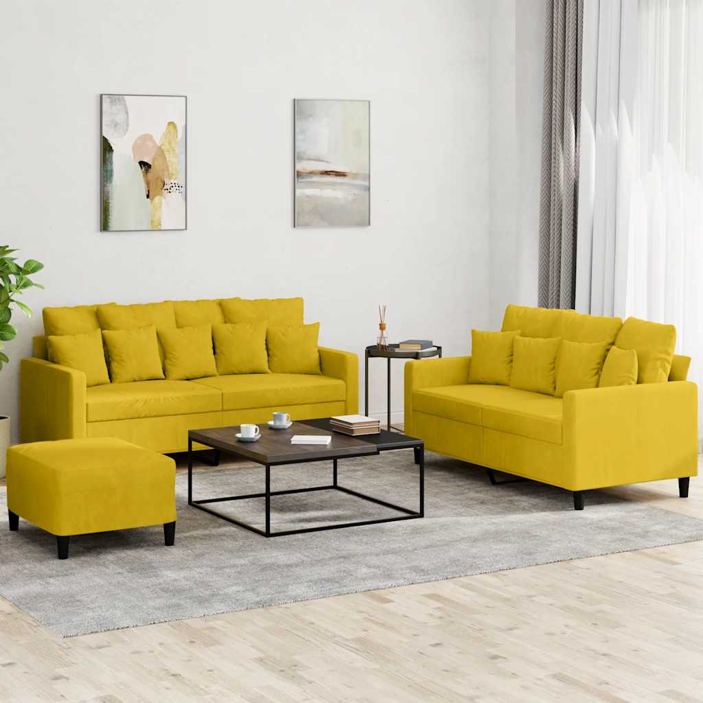 3 Pcs conjunto de sofás com almofadões veludo amarelo