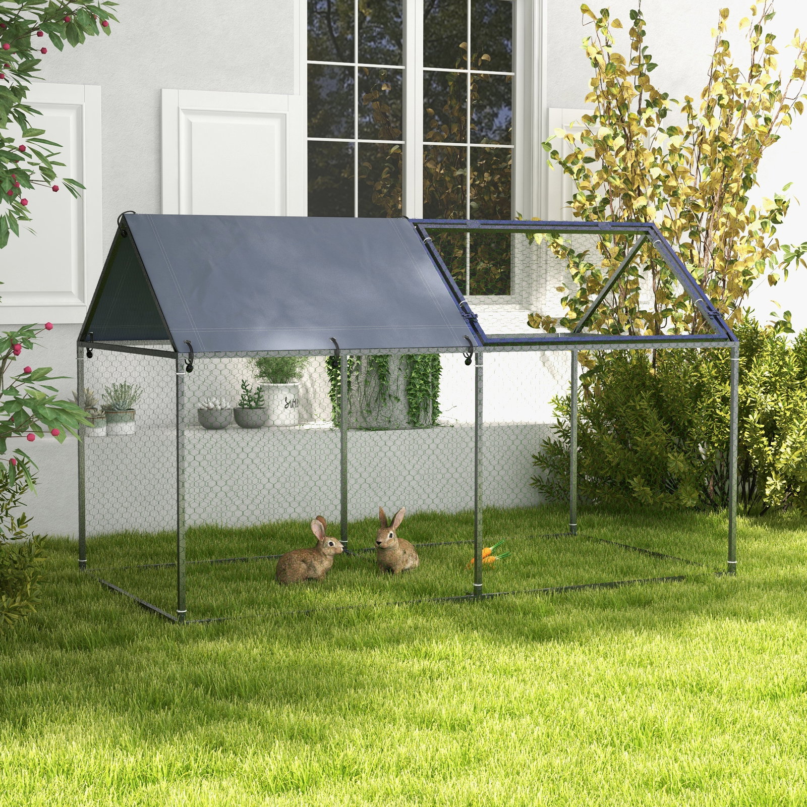 Gaiola para pequenos animais de aço com 1 porta superior e cobertura anti-UV para exterior jardim 198x100x120 cm prata