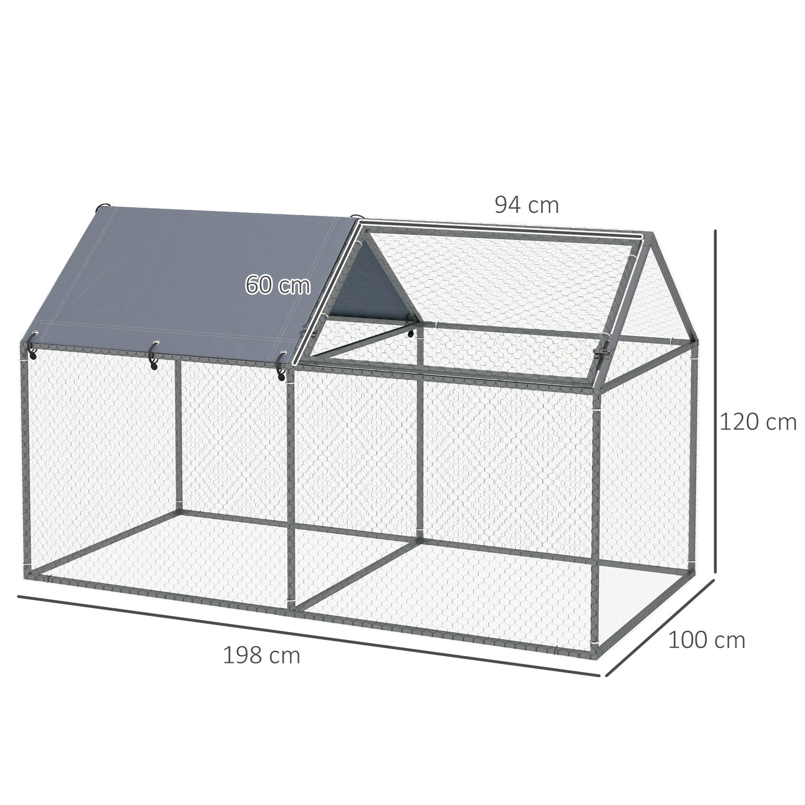 Gaiola para pequenos animais de aço com 1 porta superior e cobertura anti-UV para exterior jardim 198x100x120 cm prata