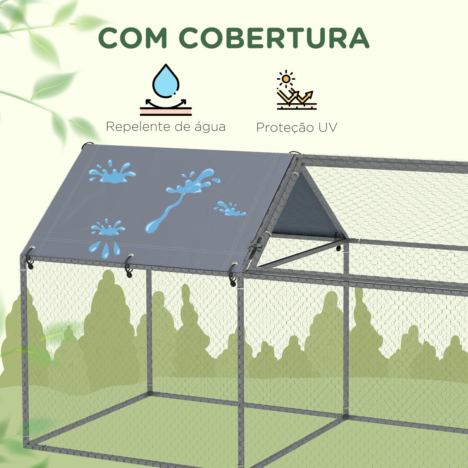 Gaiola para pequenos animais de aço com 1 porta superior e cobertura anti-UV para exterior jardim 198x100x120 cm prata