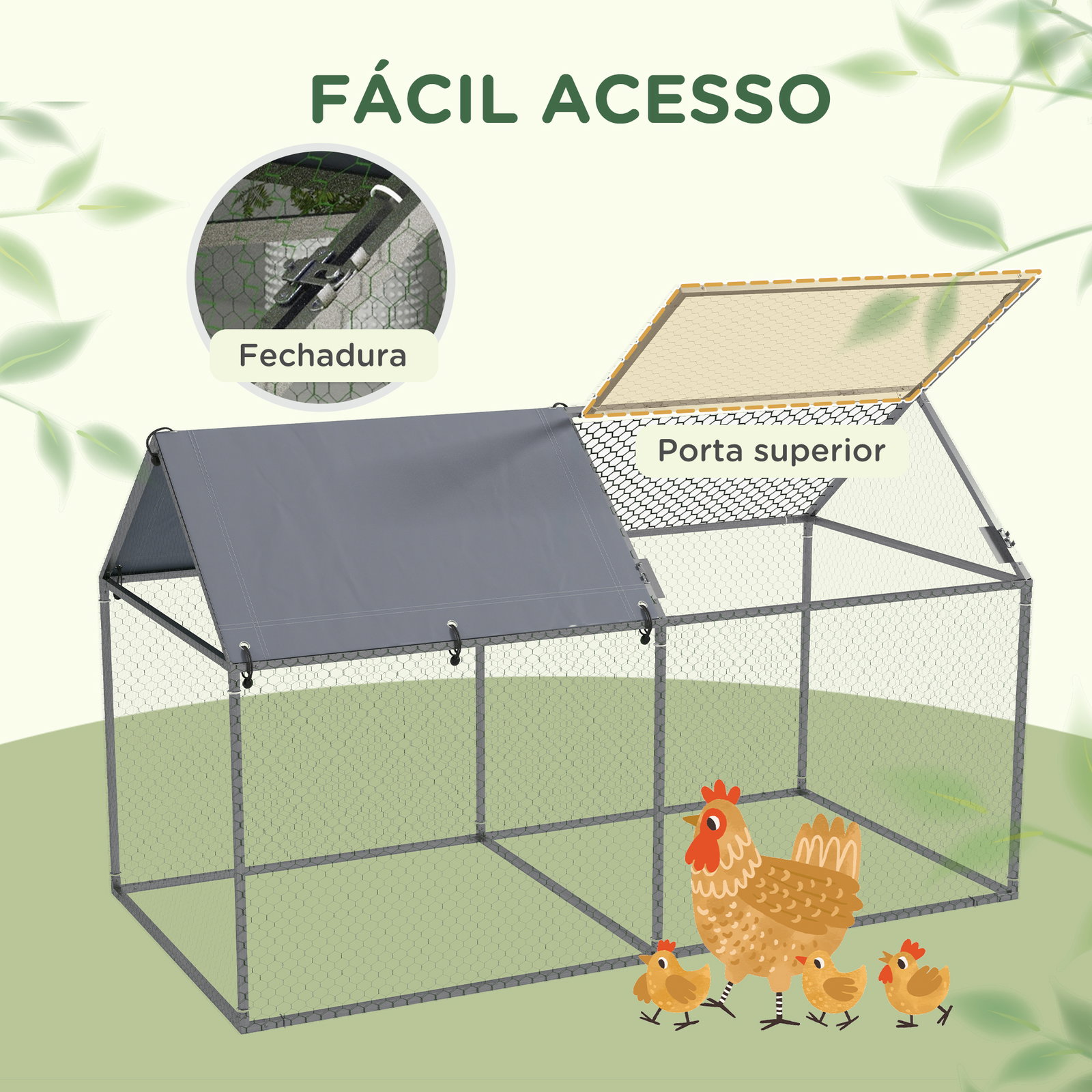 Gaiola para pequenos animais de aço com 1 porta superior e cobertura anti-UV para exterior jardim 198x100x120 cm prata