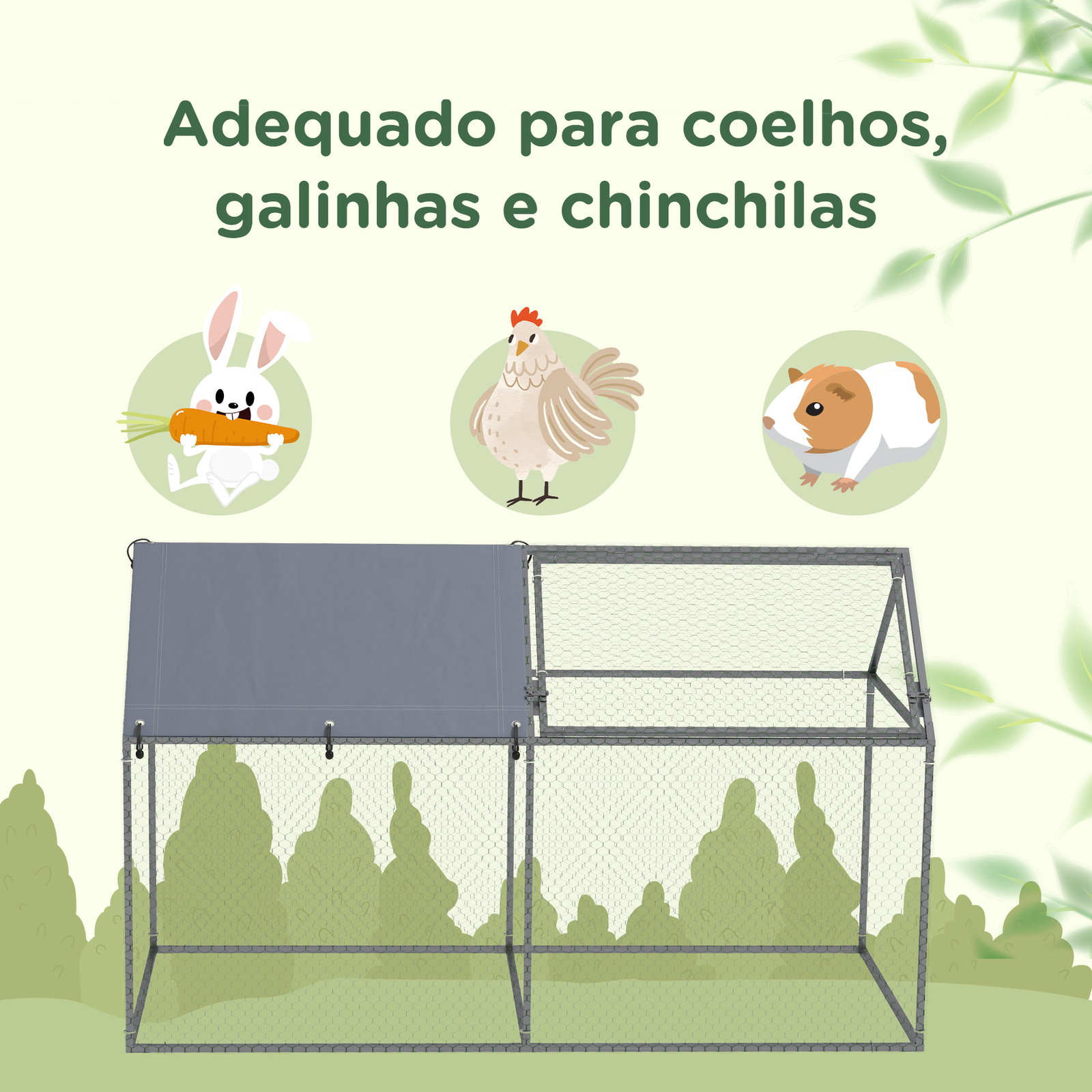 Gaiola para pequenos animais de aço com 1 porta superior e cobertura anti-UV para exterior jardim 198x100x120 cm prata