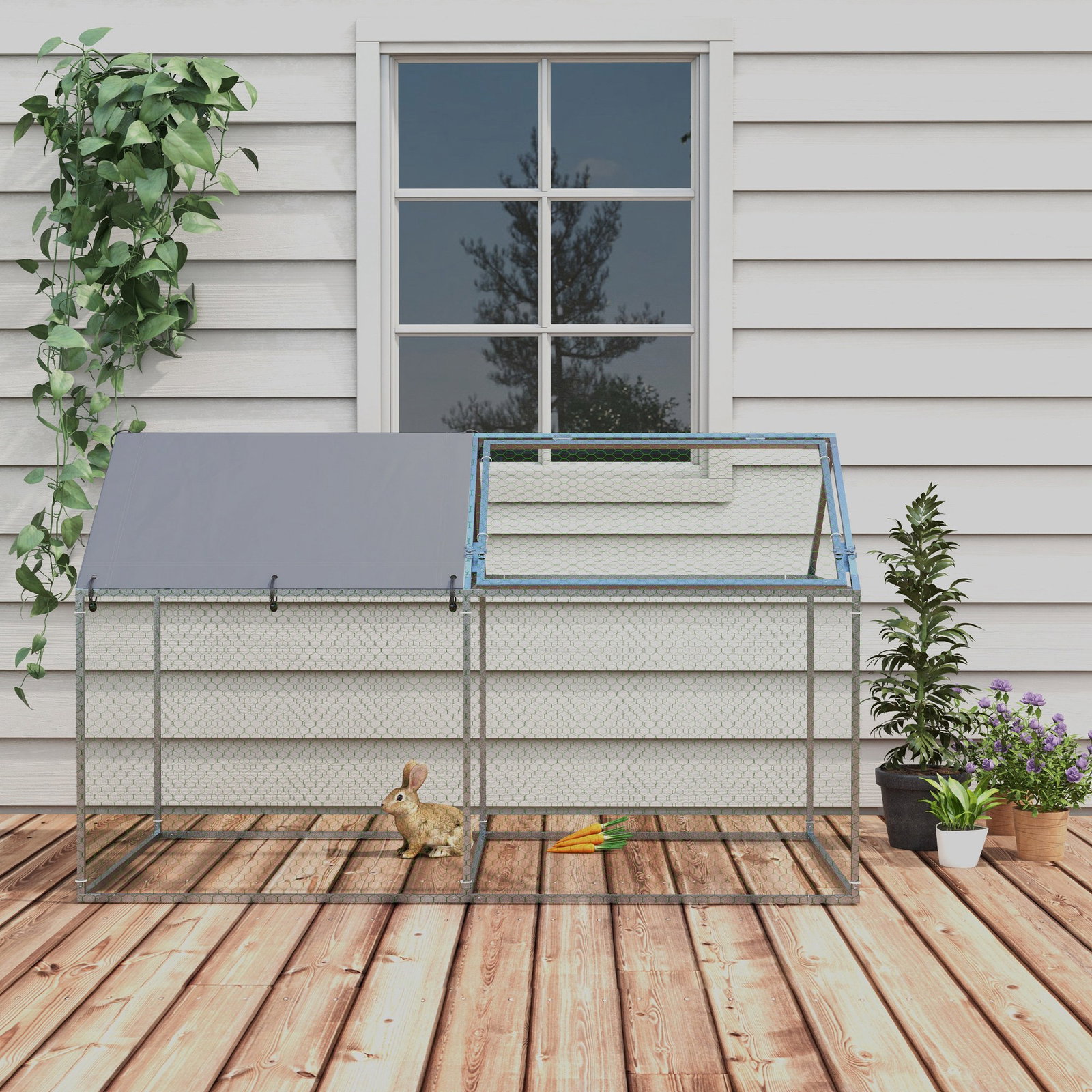 Gaiola para pequenos animais de aço com 1 porta superior e cobertura anti-UV para exterior jardim 198x100x120 cm prata