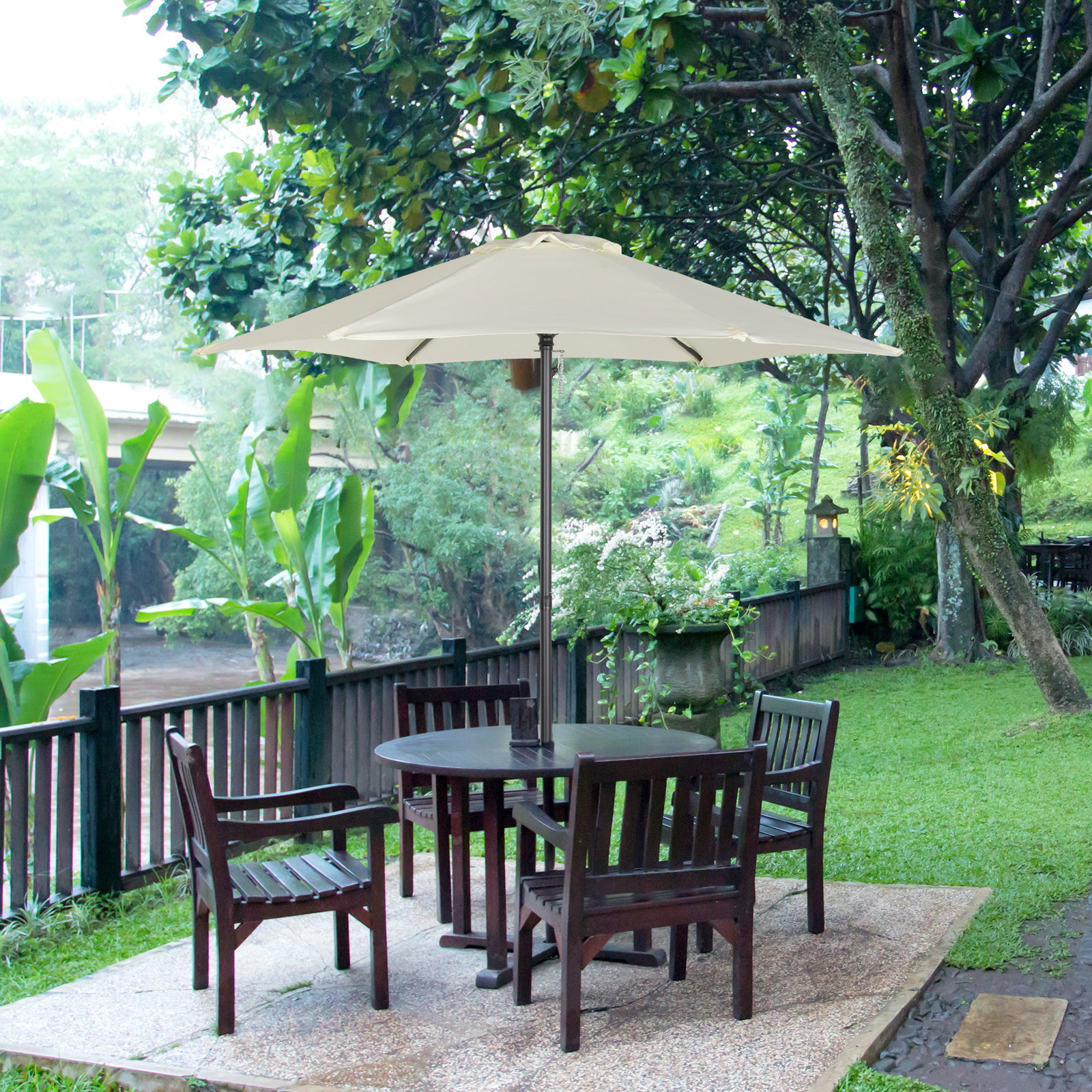 Chapéu de sol de jardim ø2x2 m chapéu de sol com mastro de alumínio manivela teto com ventilação suporte de fixação e desmontável para terraço pátio exterior bege