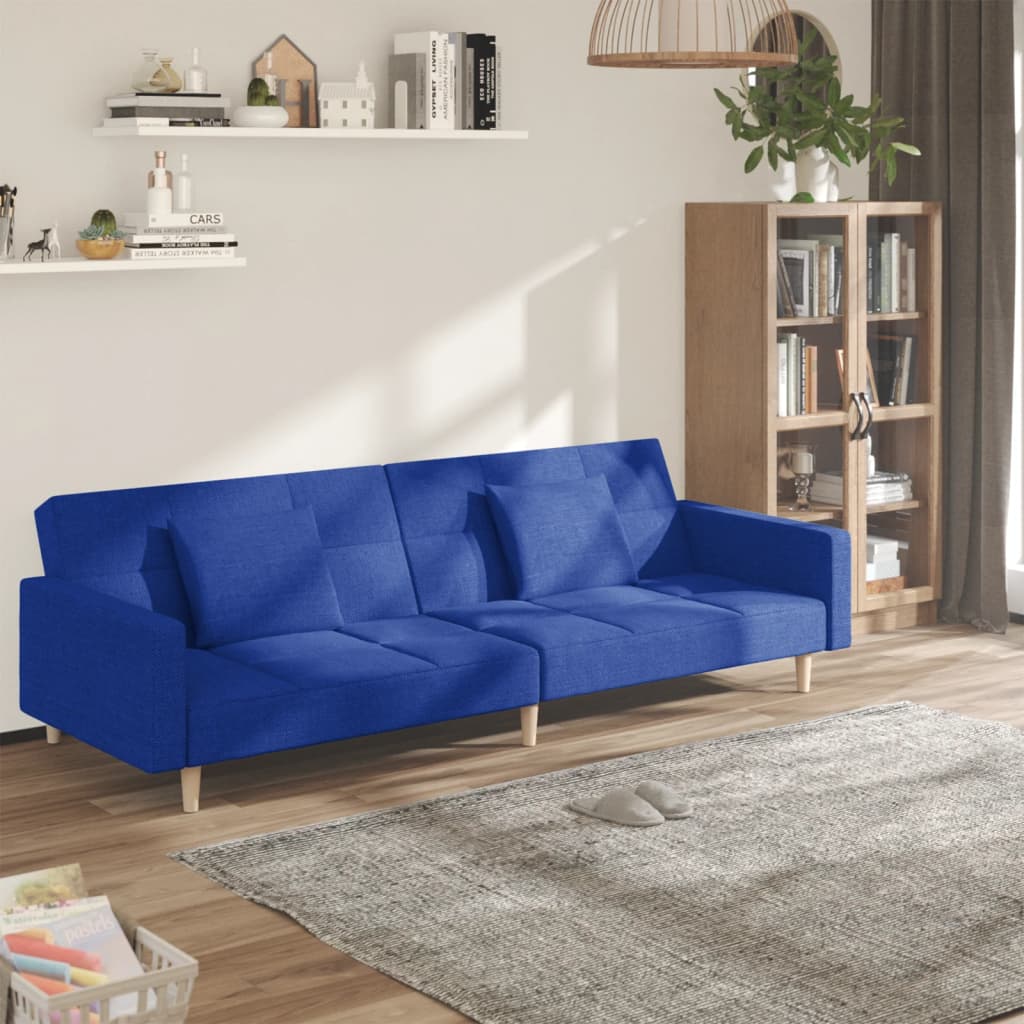 Sofá-cama 2 lugares com duas almofadas tecido azul