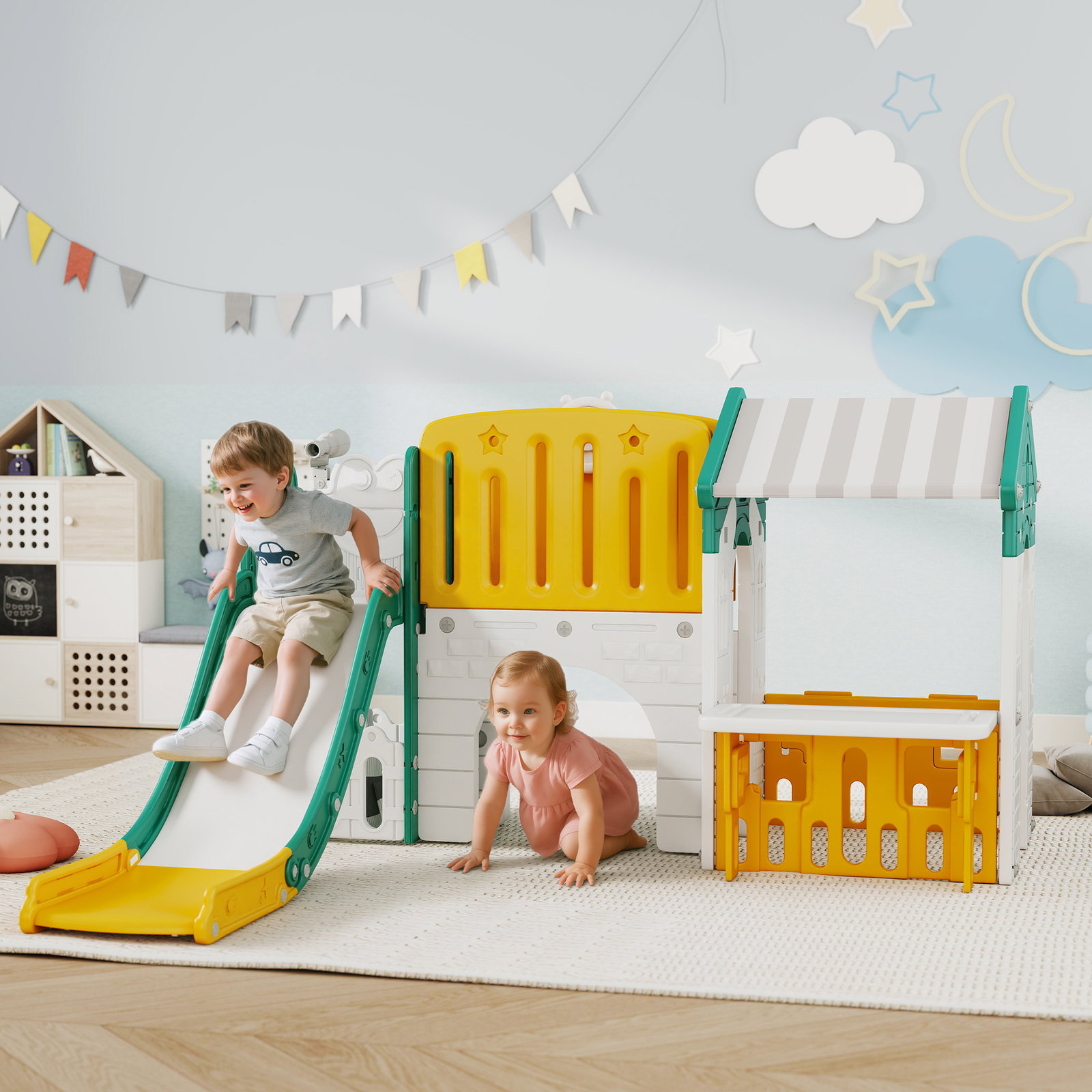 Escorrega infantil 7 em 1 com casinha para crianças com aro de basquetebol túnel quadro telescópio 189x180x111 cm amarelo e verde