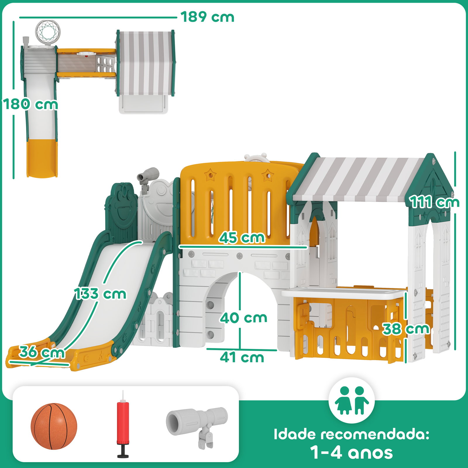 Escorrega infantil 7 em 1 com casinha para crianças com aro de basquetebol túnel quadro telescópio 189x180x111 cm amarelo e verde