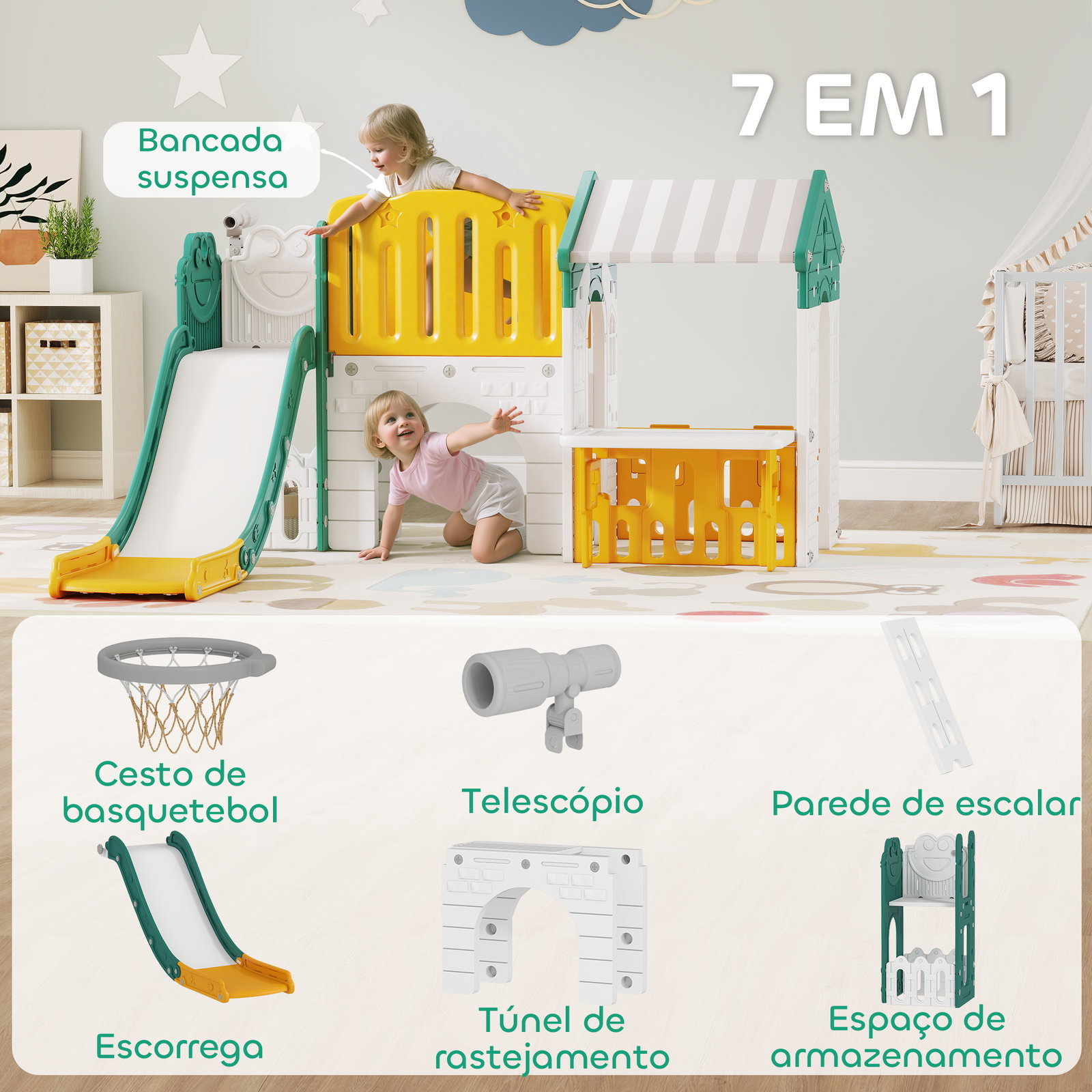 Escorrega infantil 7 em 1 com casinha para crianças com aro de basquetebol túnel quadro telescópio 189x180x111 cm amarelo e verde