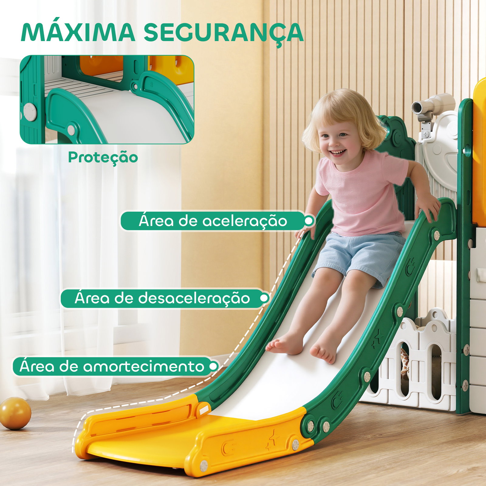 Escorrega infantil 7 em 1 com casinha para crianças com aro de basquetebol túnel quadro telescópio 189x180x111 cm amarelo e verde