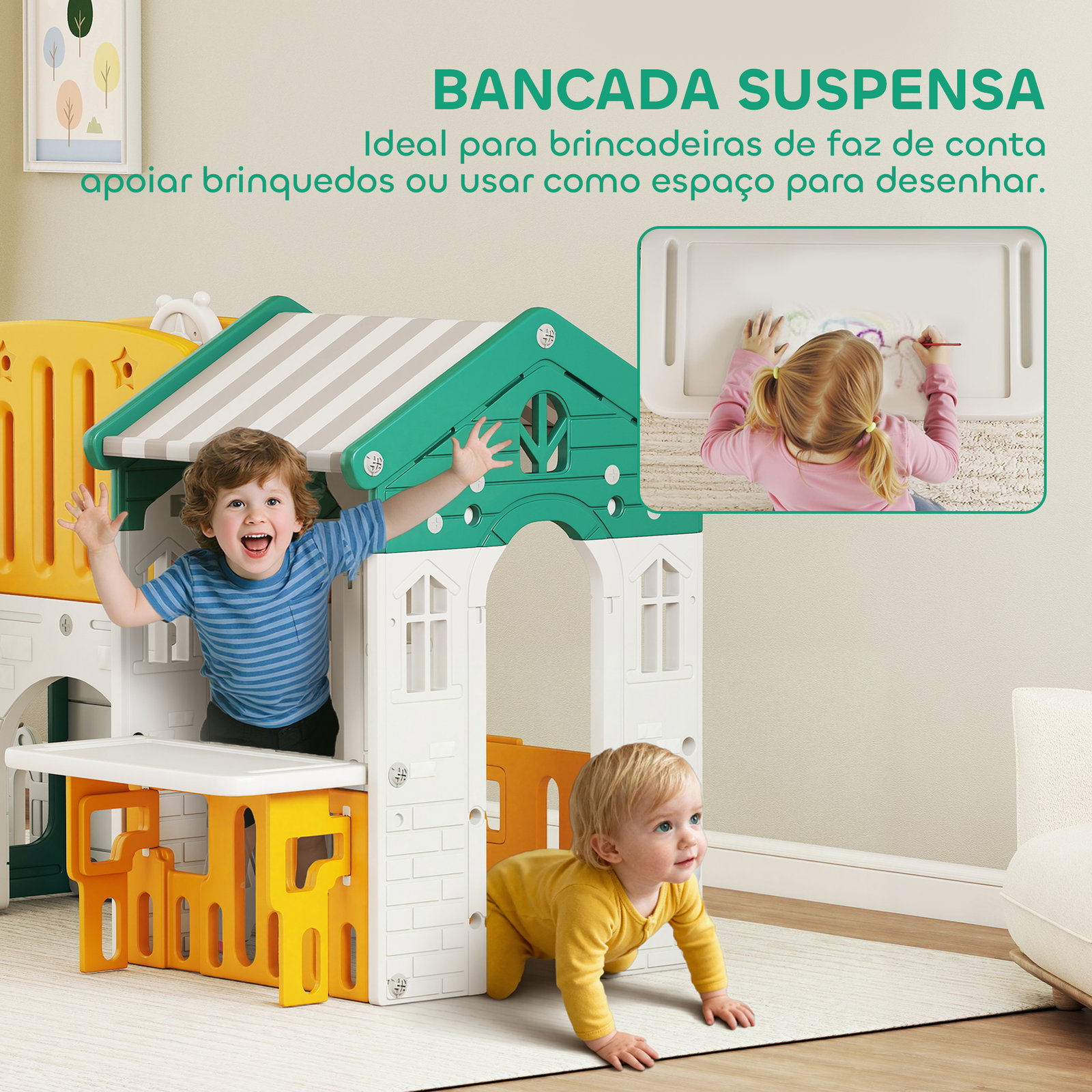 Escorrega infantil 7 em 1 com casinha para crianças com aro de basquetebol túnel quadro telescópio 189x180x111 cm amarelo e verde