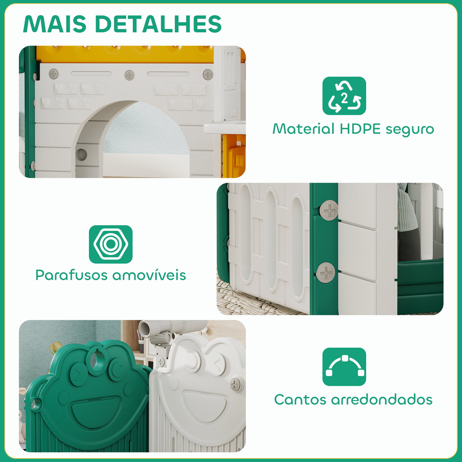 Escorrega infantil 7 em 1 com casinha para crianças com aro de basquetebol túnel quadro telescópio 189x180x111 cm amarelo e verde