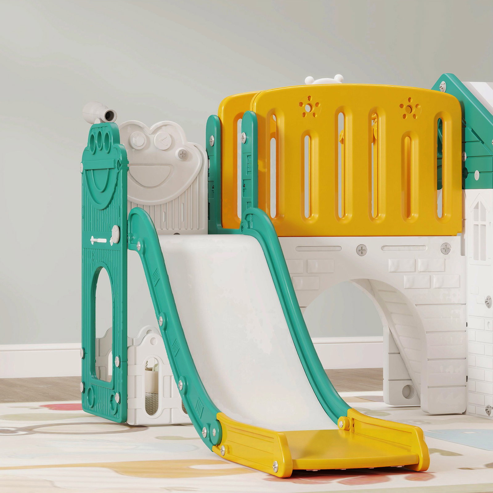 Escorrega infantil 7 em 1 com casinha para crianças com aro de basquetebol túnel quadro telescópio 189x180x111 cm amarelo e verde