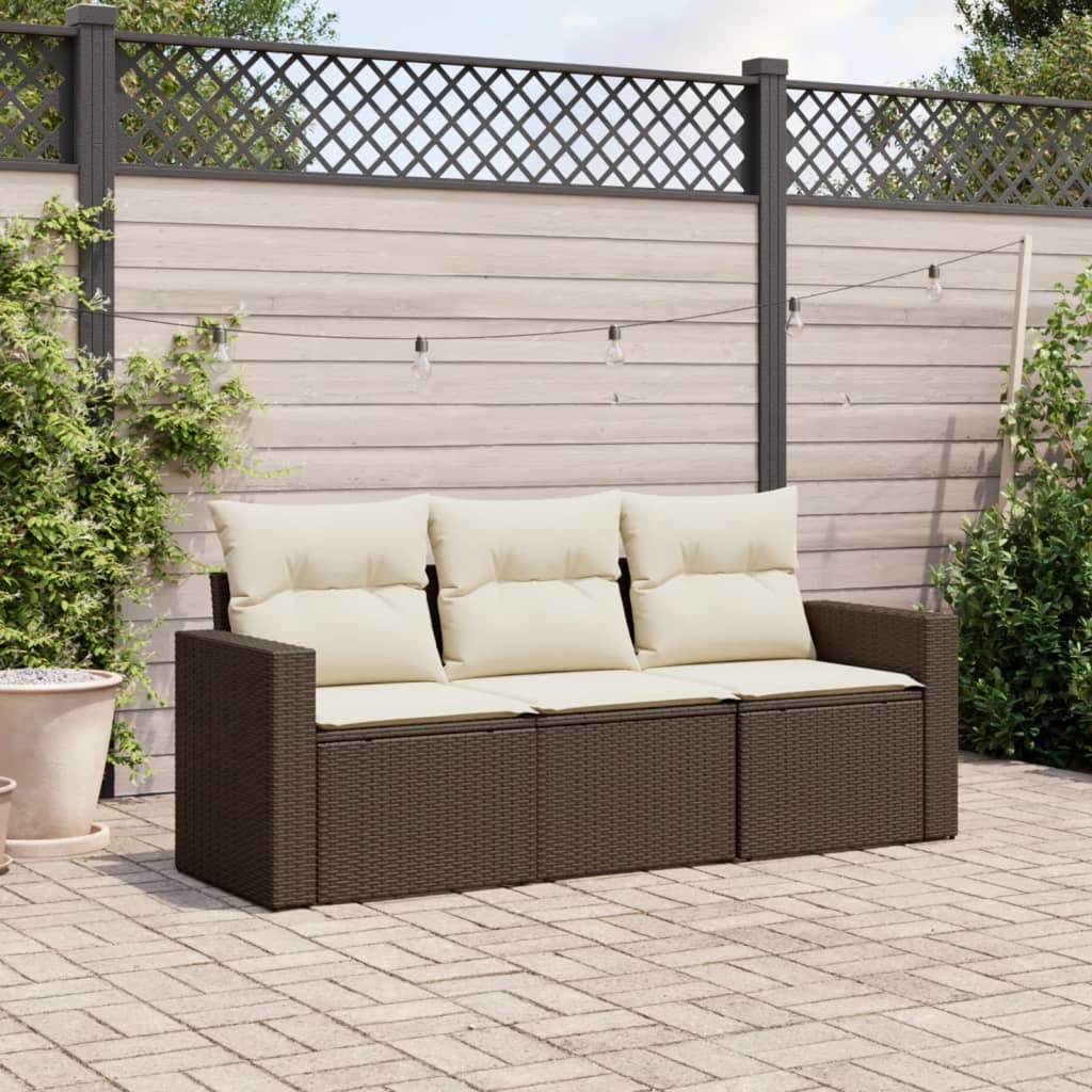 3 Pcs conjunto sofás de jardim com almofadões vime PE castanho