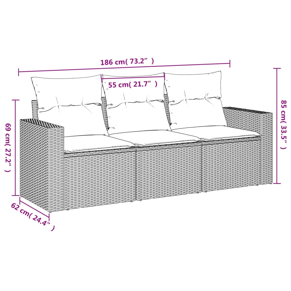 3 Pcs conjunto sofás de jardim com almofadões vime PE castanho