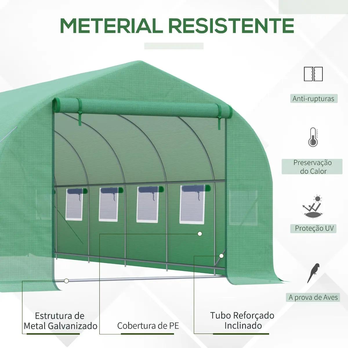 Estufa Tipo Túnel 595x300x200cm Estufa de Jardim Grande com 12 Janelas e Porta Enrolável com Zíper para Cultivo de Plantas Verde