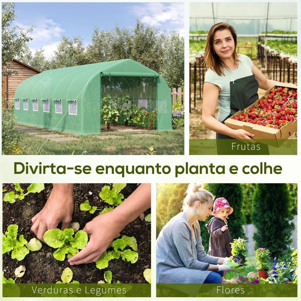 Estufa Tipo Túnel 595x300x200cm Estufa de Jardim Grande com 12 Janelas e Porta Enrolável com Zíper para Cultivo de Plantas Verde