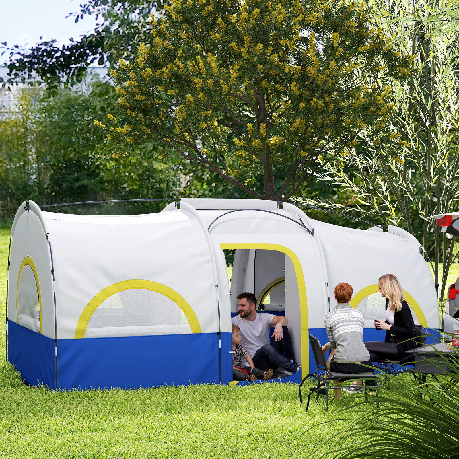Tenda de campismo familiar tipo túnel para 4-6 pessoas impermeável 3.000 mm dobrável 435x251x195 cm azul e cinzento