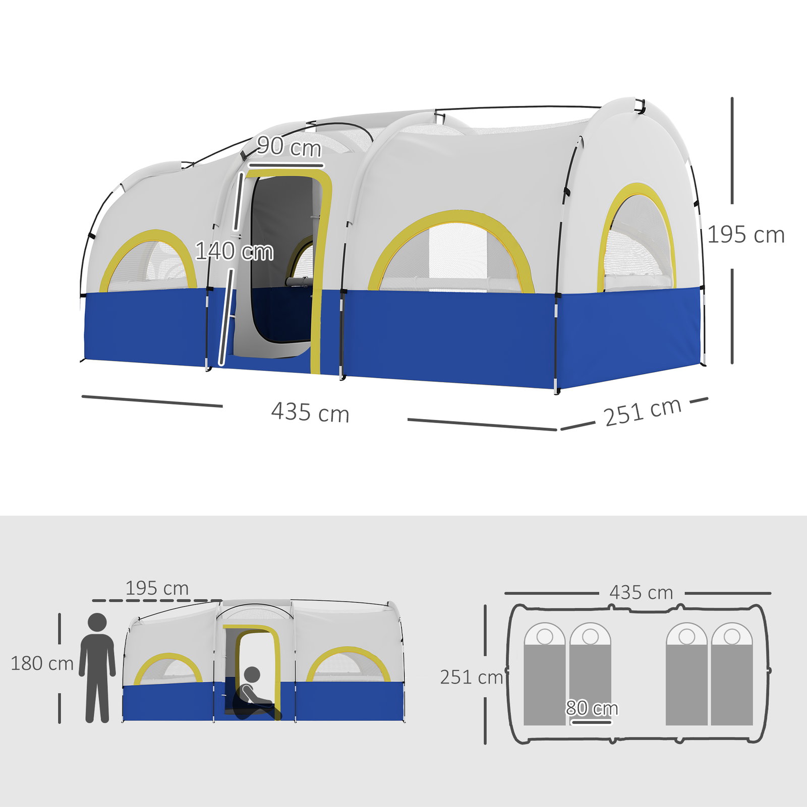 Tenda de campismo familiar tipo túnel para 4-6 pessoas impermeável 3.000 mm dobrável 435x251x195 cm azul e cinzento