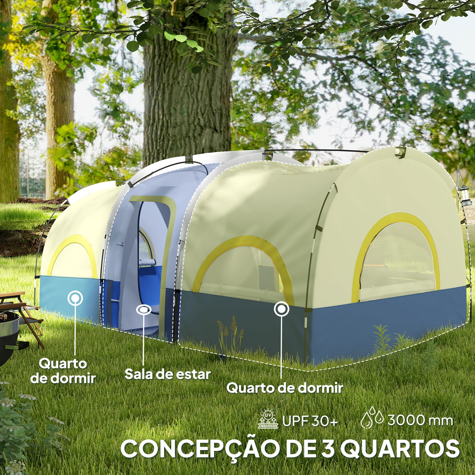 Tenda de campismo familiar tipo túnel para 4-6 pessoas impermeável 3.000 mm dobrável 435x251x195 cm azul e cinzento