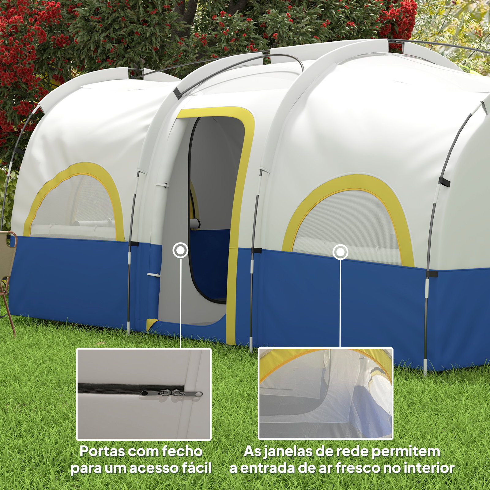 Tenda de campismo familiar tipo túnel para 4-6 pessoas impermeável 3.000 mm dobrável 435x251x195 cm azul e cinzento