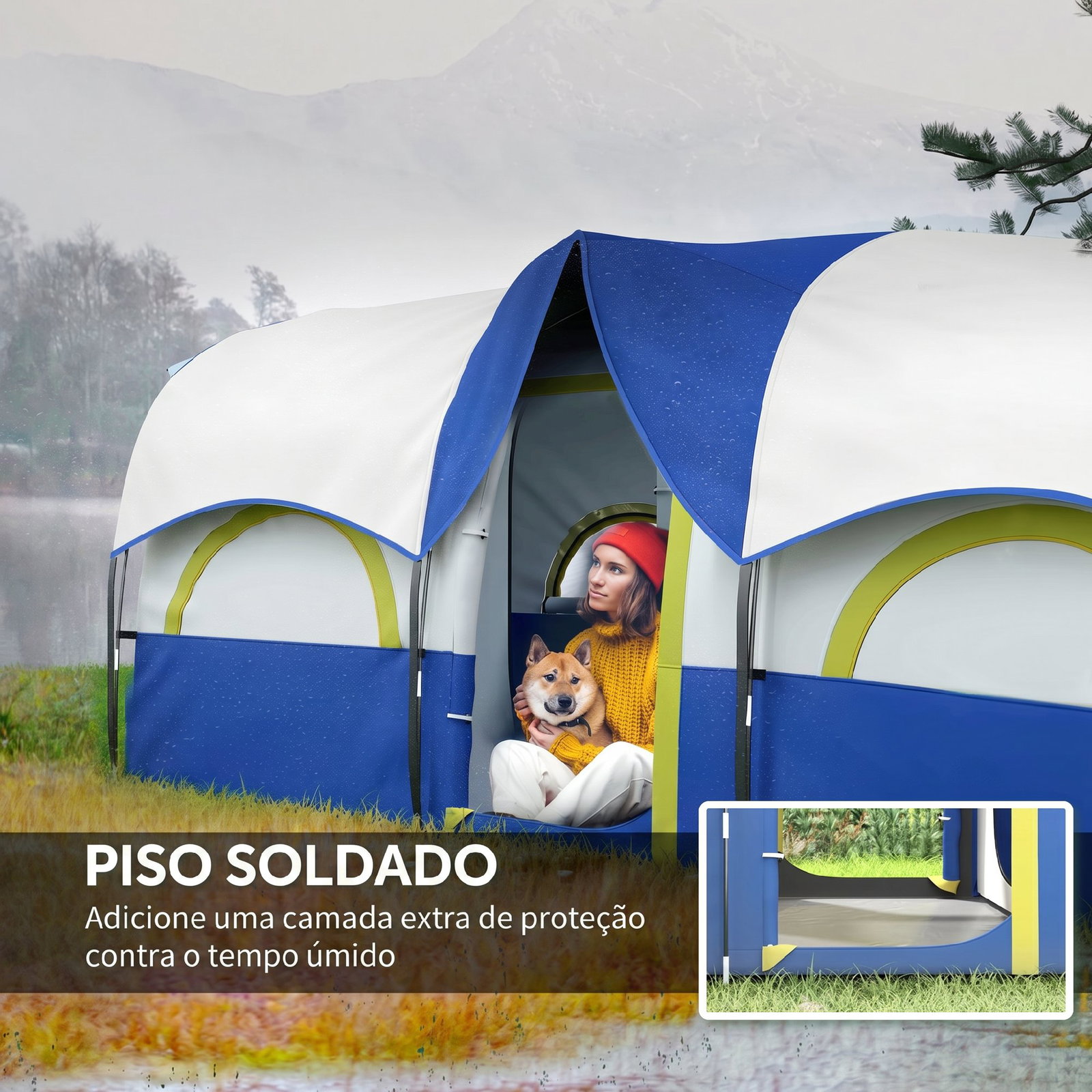 Tenda de campismo familiar tipo túnel para 4-6 pessoas impermeável 3.000 mm dobrável 435x251x195 cm azul e cinzento
