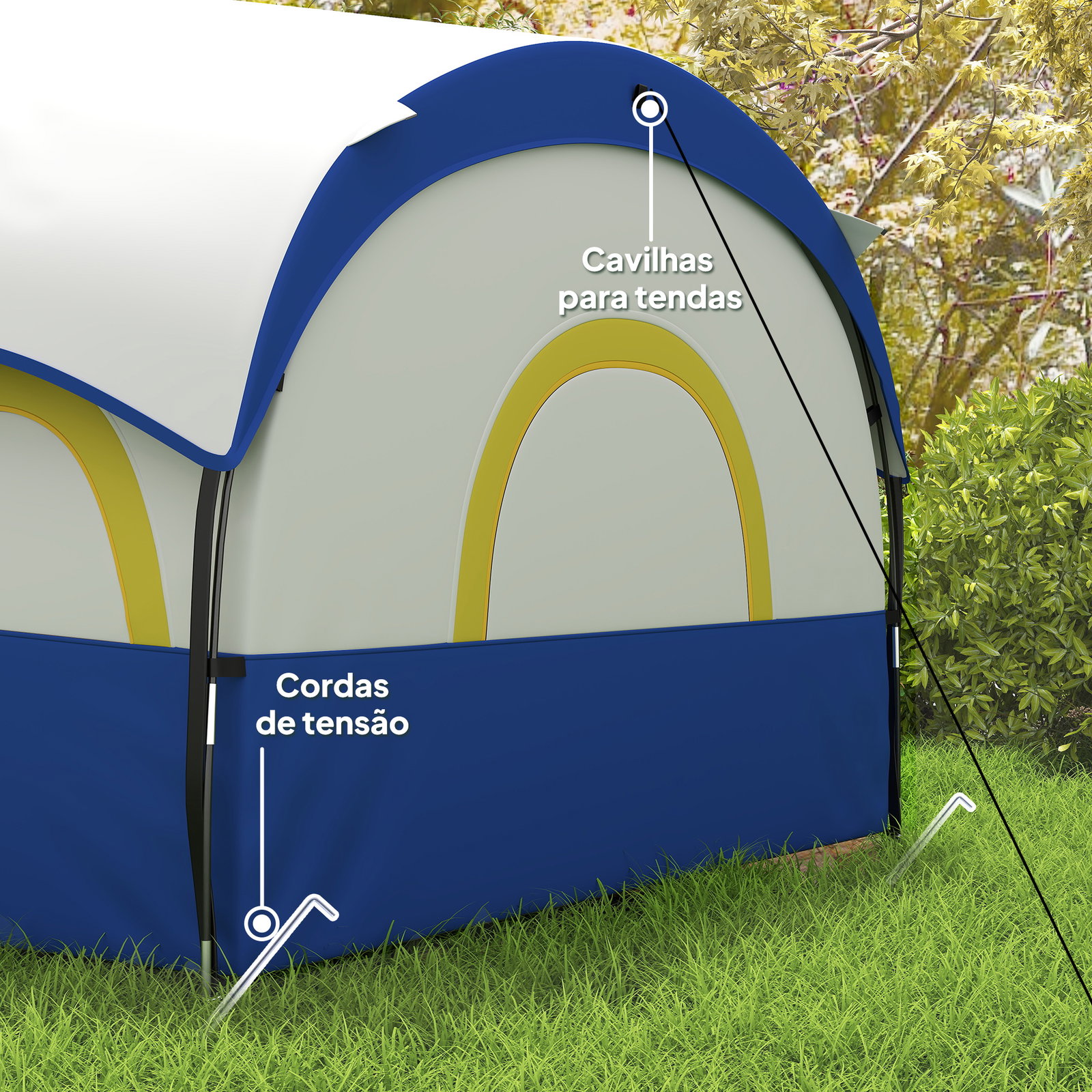 Tenda de campismo familiar tipo túnel para 4-6 pessoas impermeável 3.000 mm dobrável 435x251x195 cm azul e cinzento