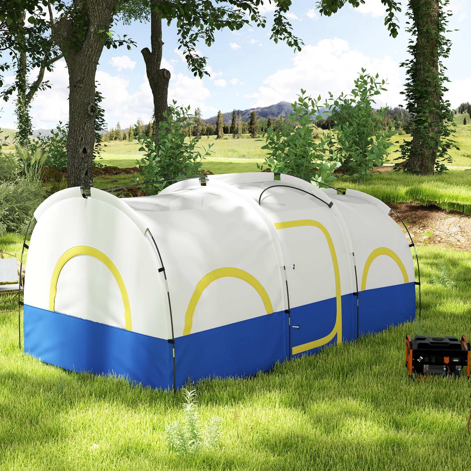 Tenda de campismo familiar tipo túnel para 4-6 pessoas impermeável 3.000 mm dobrável 435x251x195 cm azul e cinzento