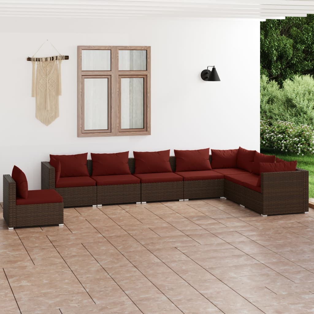 8 Pcs conjunto lounge jardim c/ almofadões vime PE castanho
