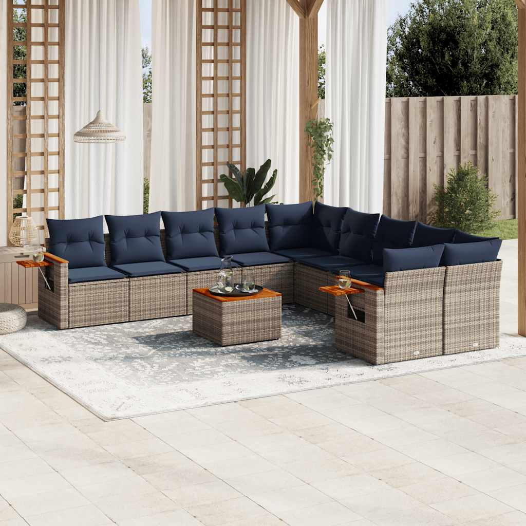 11 Pcs conjunto sofás de jardim c/ almofadões vime PE cinzento