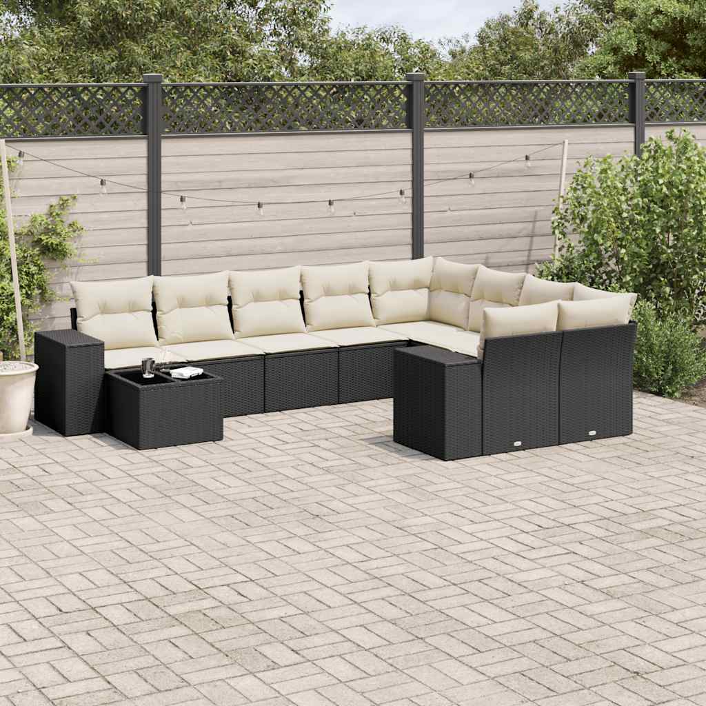10 Pcs conjunto sofás de jardim c/ almofadões vime PE preto