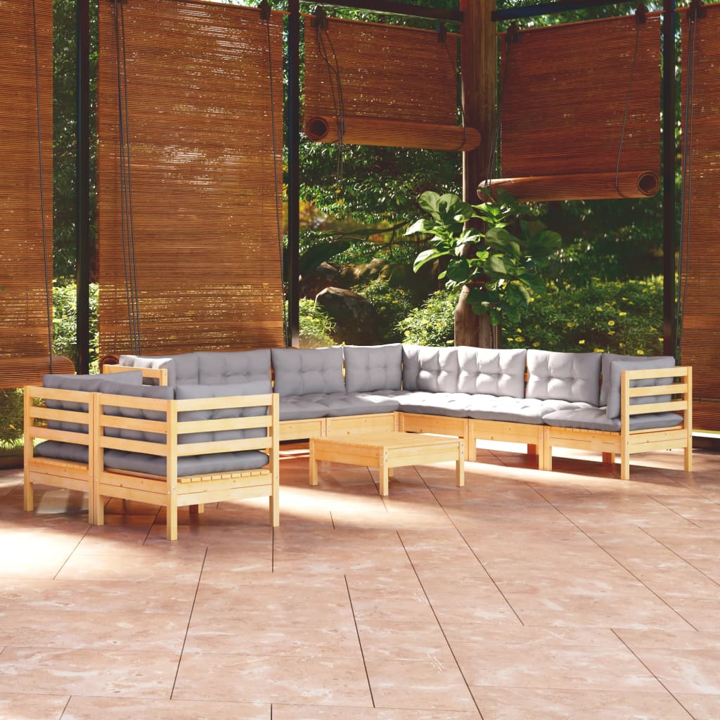 10Pcs conjunto lounge de jardim + almofadões cinza pinho maciço