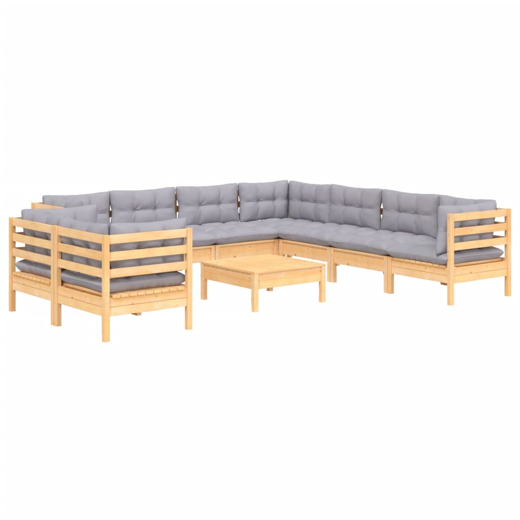10Pcs conjunto lounge de jardim + almofadões cinza pinho maciço