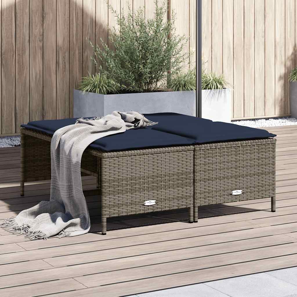 Banquetas de jardim com almofadas, conjunto de 4 peças, em rattan sintético cinza