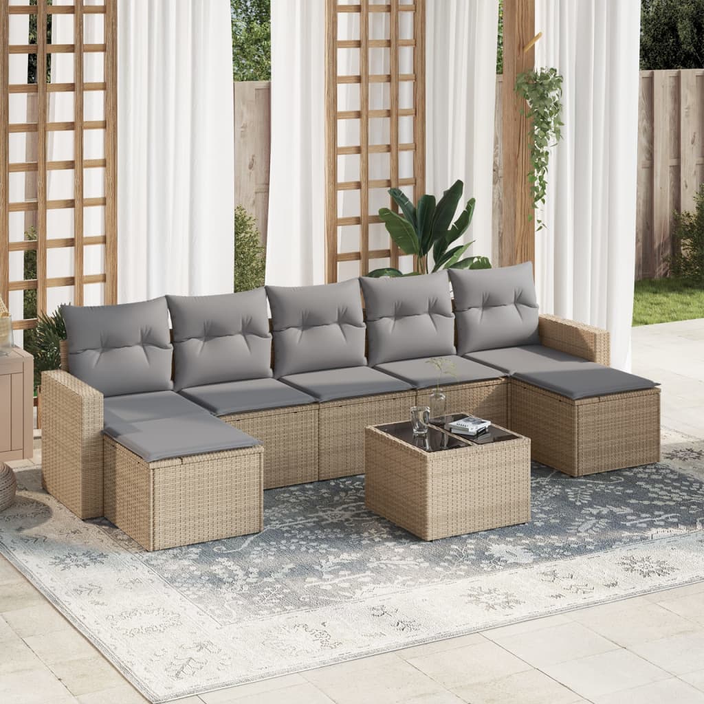 8 Pcs conjunto de sofás p/ jardim com almofadões vime PE bege