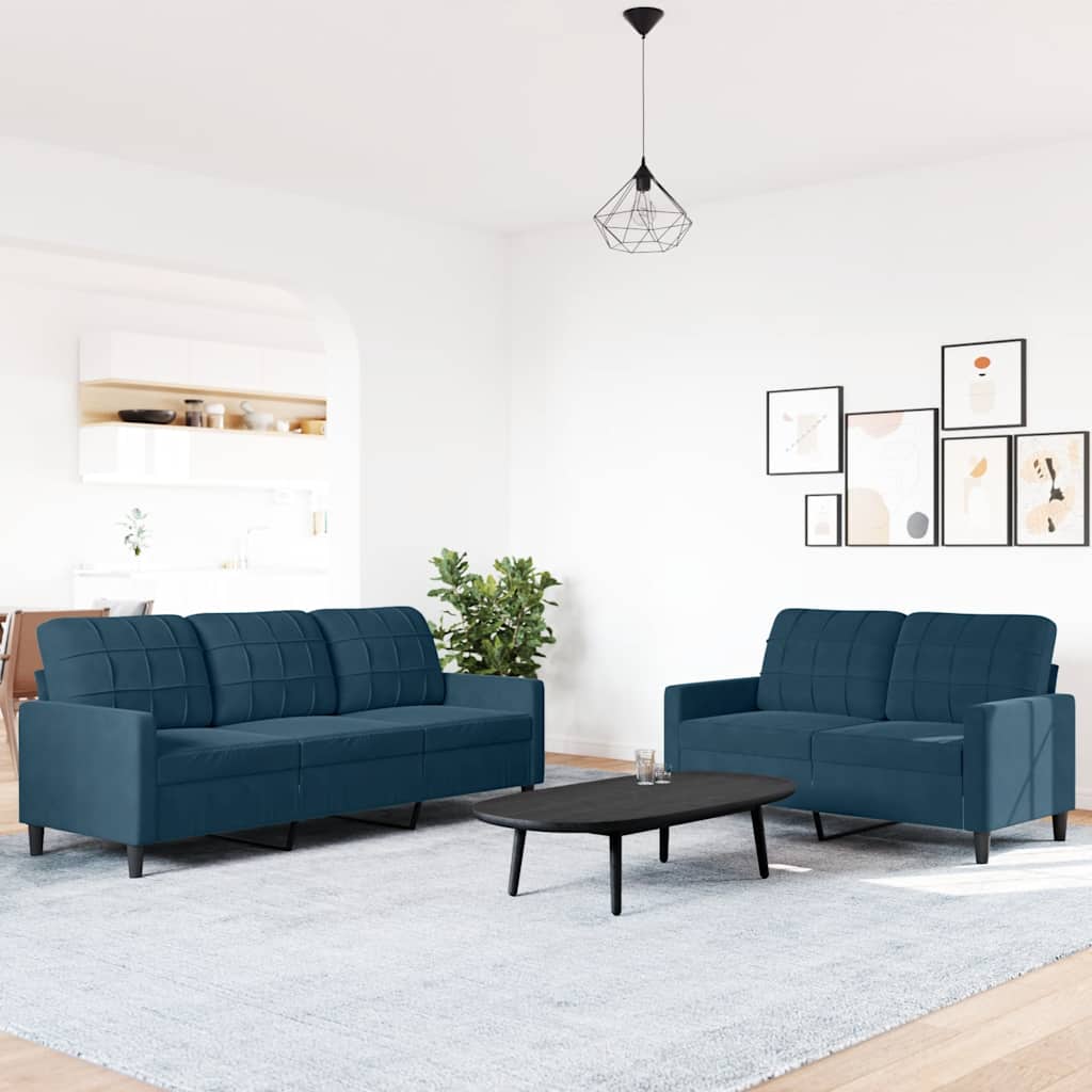 2 Pcs conjunto de sofás com almofadões veludo azul