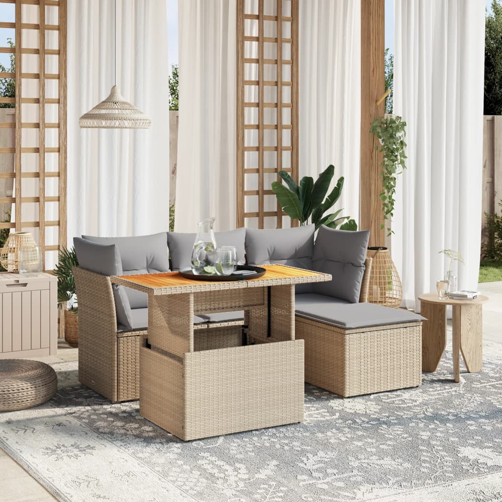 6 Pcs conjunto de sofás p/ jardim com almofadões vime PE bege