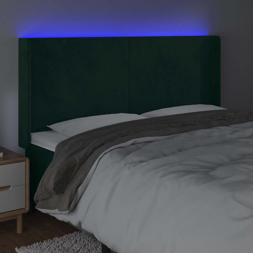 Cabeceira de cama c/ LED veludo 183x16x118/128 cm verde-escuro