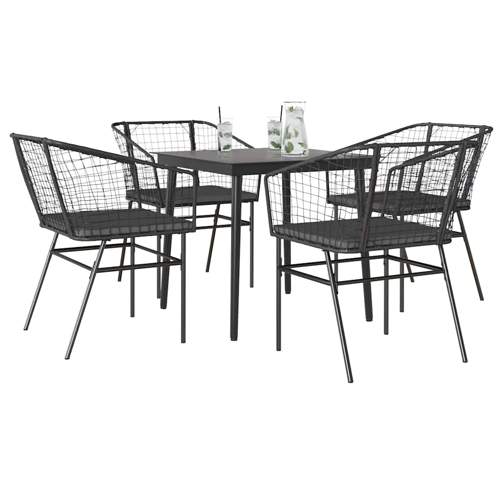 Conjunto de jantar jardim 5 peças almofadas vidro vime PE preto