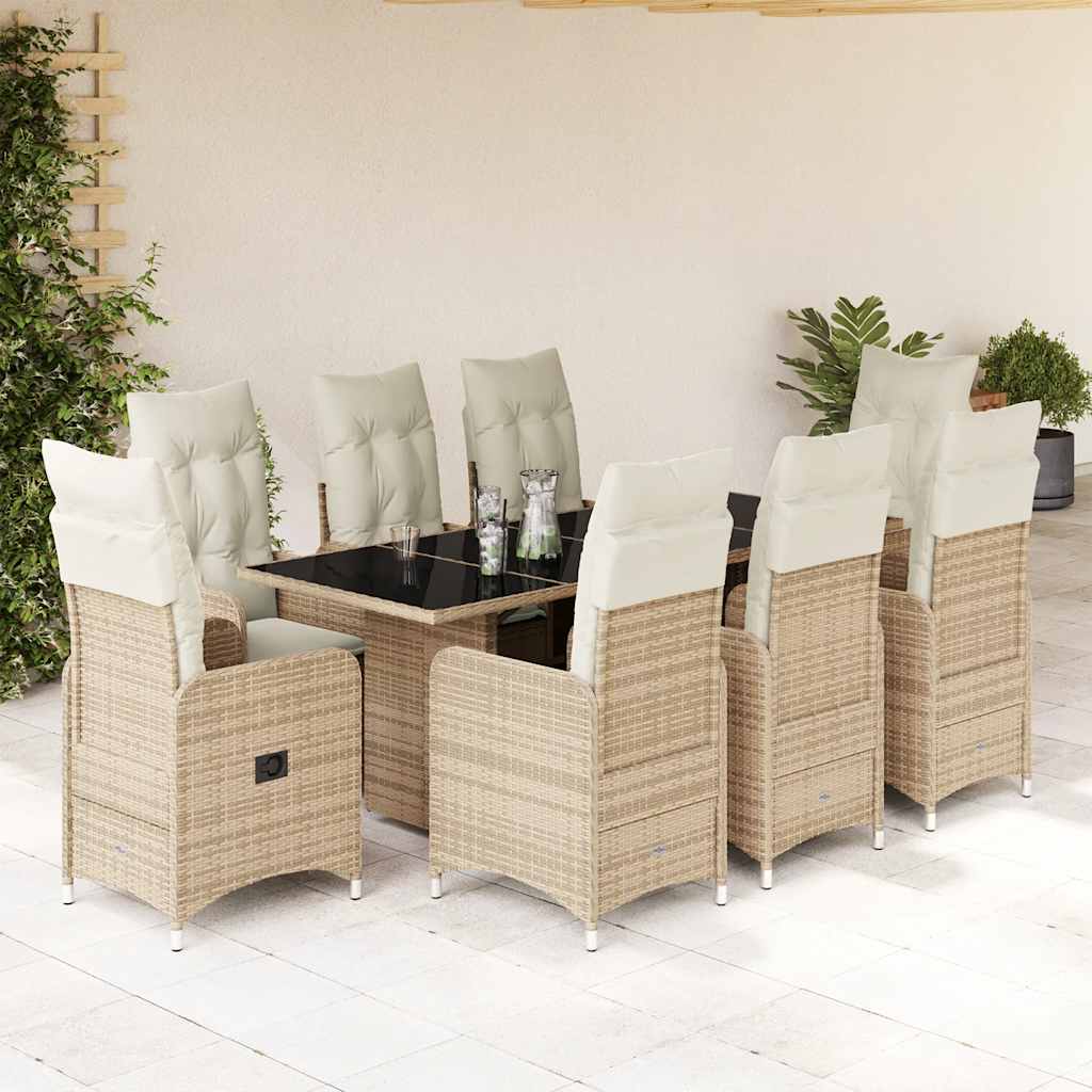 9 Pcs conjunto de bistrô para jardim c/ almofadões vime PE bege