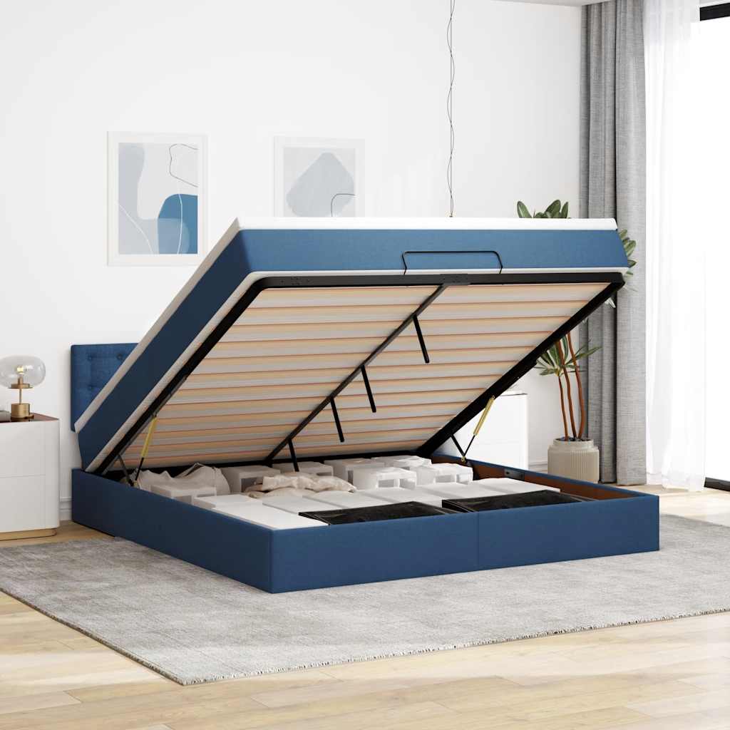 Cama otomana com colchão & leds 180x200cm tecido azul
