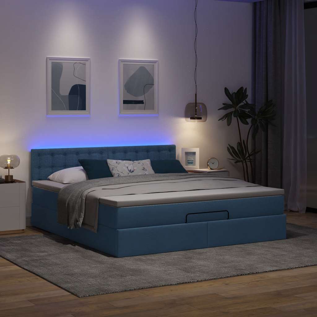Cama otomana com colchão & leds 180x200cm tecido azul